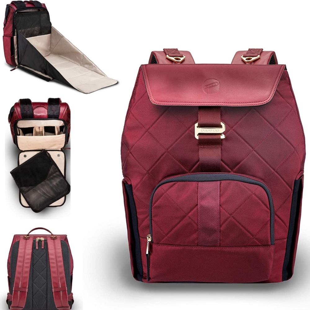 Paperclip Jojo Burgundy Quilted diaper bag Backpack built in change station EUC!